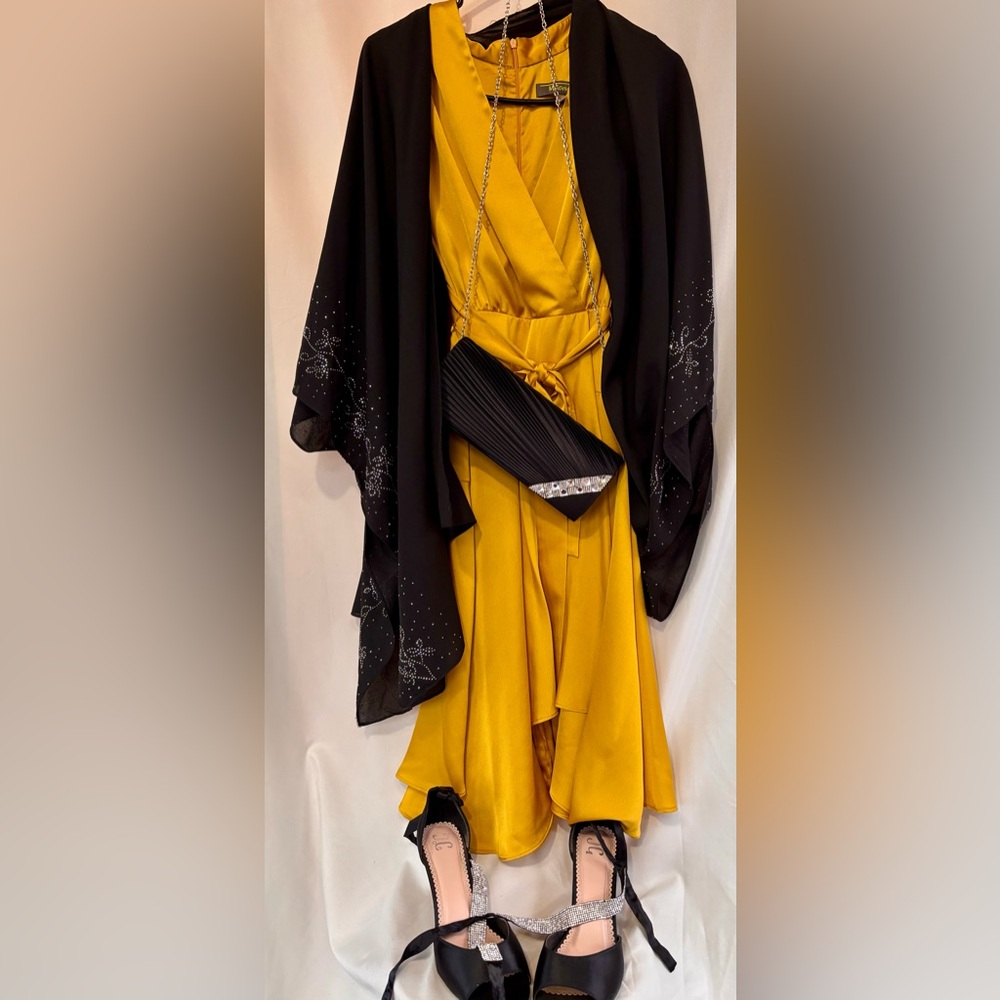 Shiny Mustard Yellow Plunge Neck Women's Dress with Wrap Type Flare Bottom